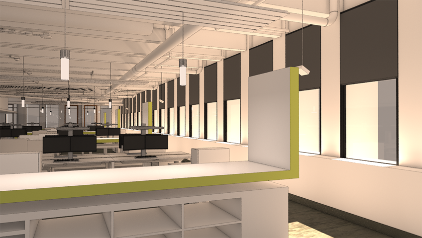 Motorized shading in open office environment. Rendering courtesy of Rafael Lopez  