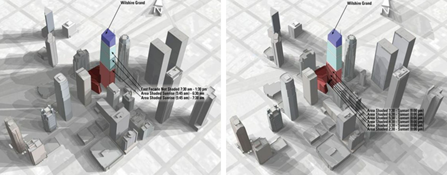 Figure 4: East Shading Study, June 21st Sunrise (5:45am) – 1:30pm (Courtesy of Glumac). Figure 5: South Shading Study, June 21st 2:30pm-Sunset (8pm) (Courtesy of Glumac). 